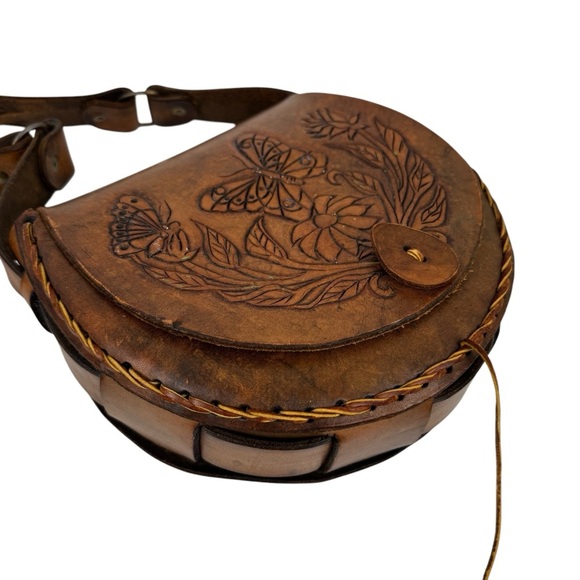 Vintage Floral Butterfly Tooled Thick Leather Braided Shoulder Bag Brown Hippie - Picture 14 of 16